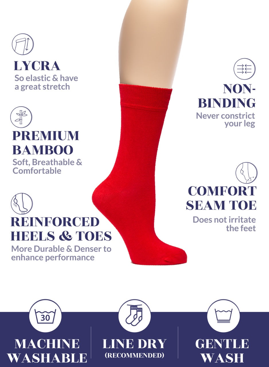 Red sock on a leg with features listed on a white background