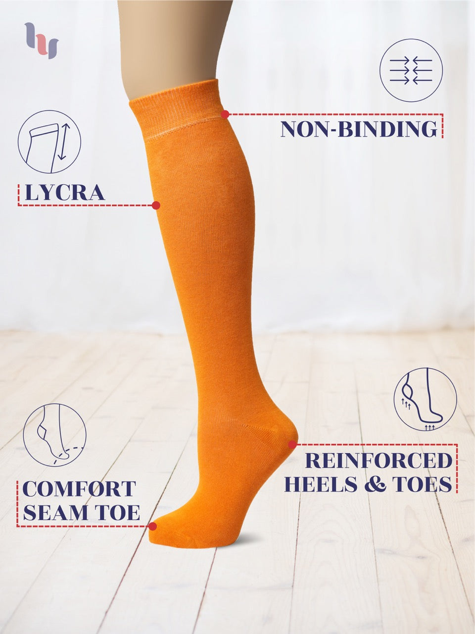 Orange knee-high sock with features highlighted on a light background
