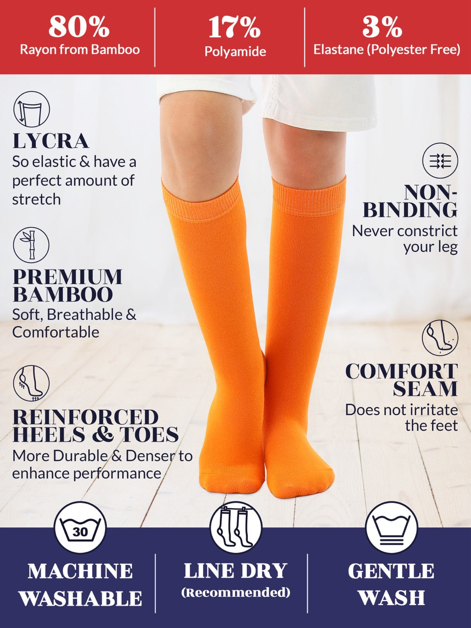 Experience the ultimate comfort and style with Hugh Ugoli Kids Bamboo School Socks. These pumpkin orange socks perfect for school or everyday wear, our high-quality knee-high socks meet uniform standards while reducing blisters and staying in place. Available in four sizes for children aged 3-14 years
