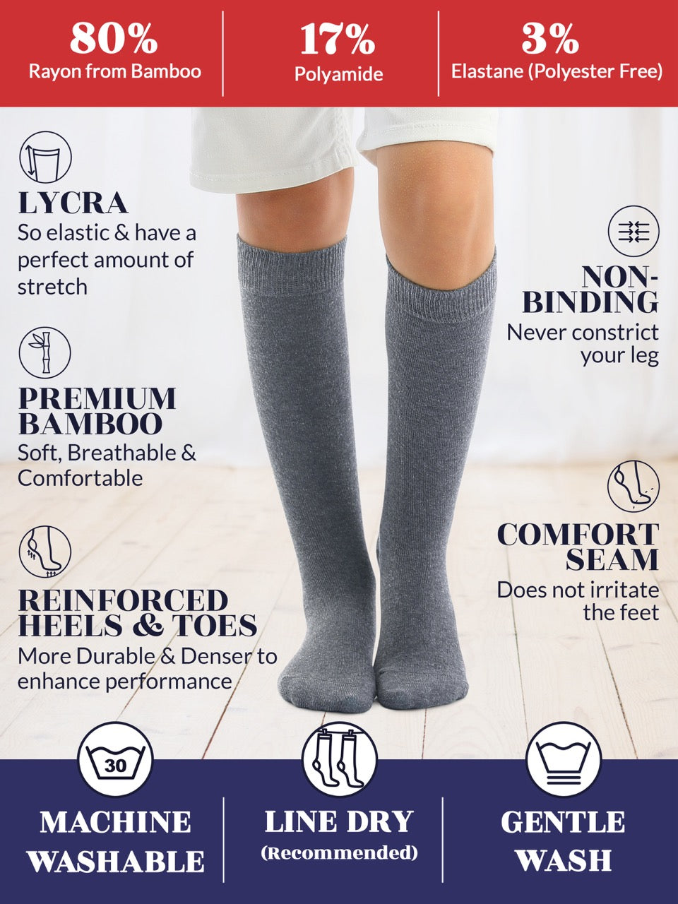 Experience the ultimate comfort and style with Hugh Ugoli Kids Bamboo School Socks. These grey socks perfect for school or everyday wear, our high-quality knee-high socks meet uniform standards while reducing blisters and staying in place. Available in four sizes for children aged 3-14 years