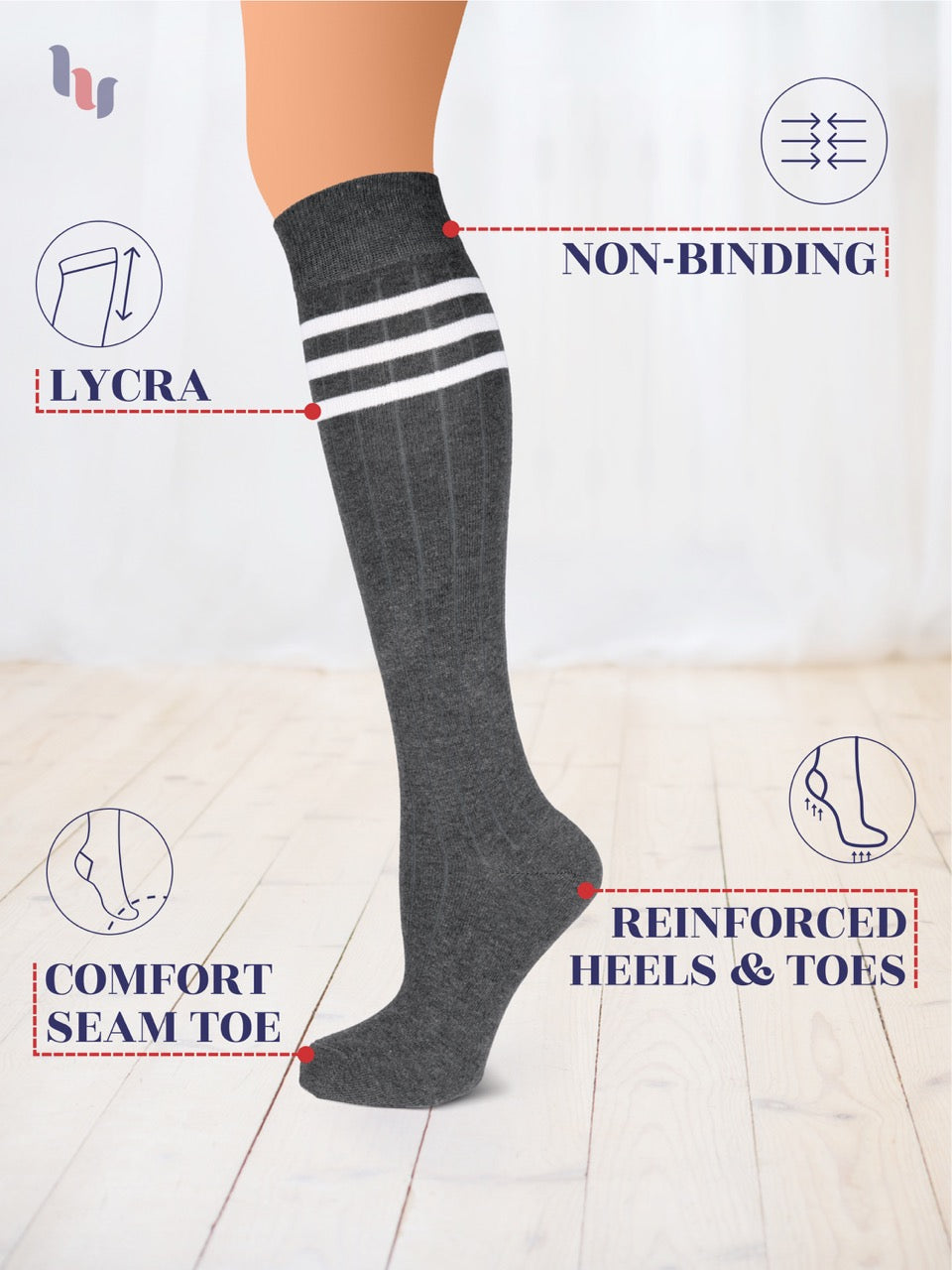 Gray knee-high sock with white stripes on a light background, featuring text labels about sock features.