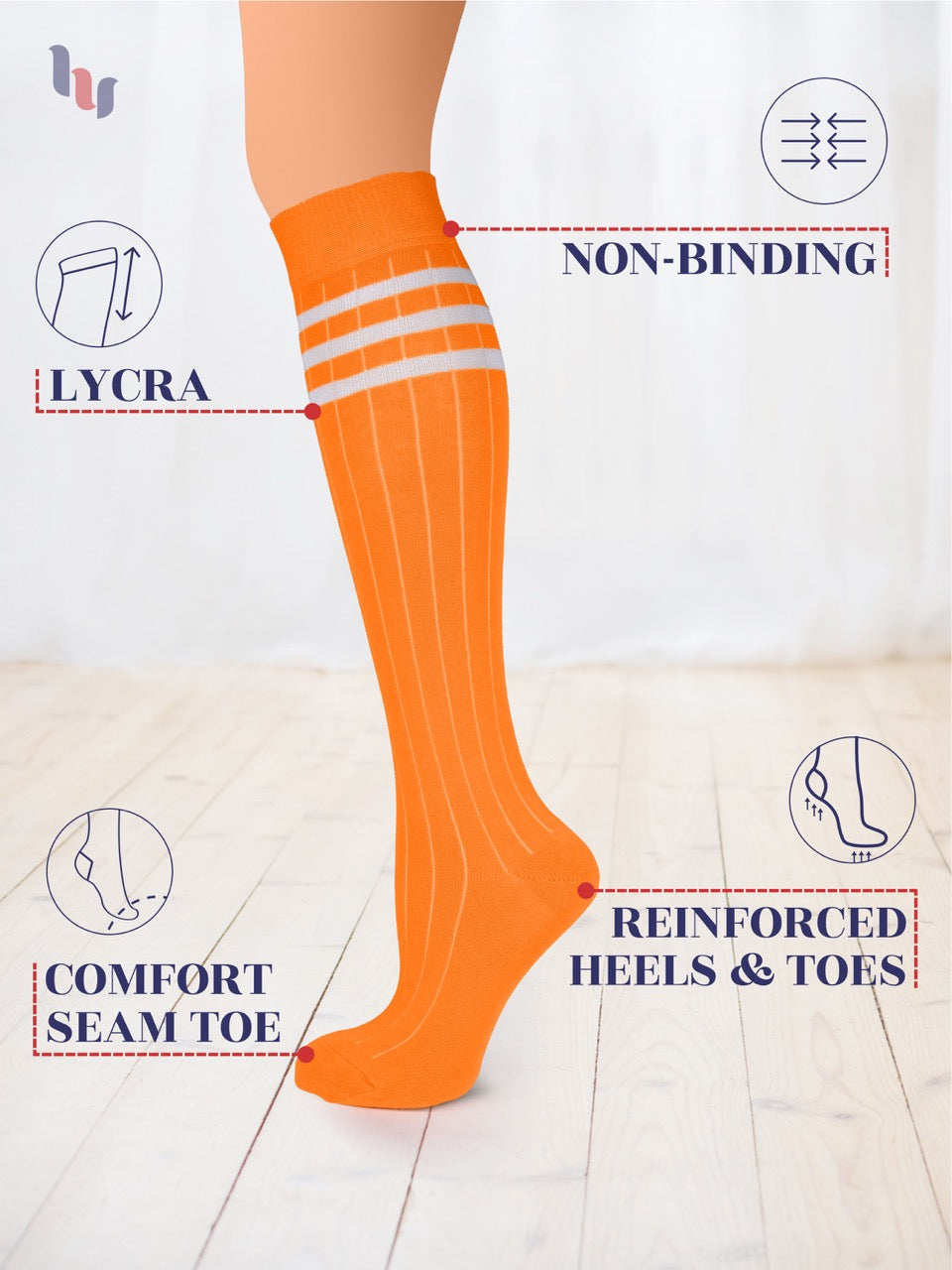 Orange knee-high sock with features highlighted on a white background