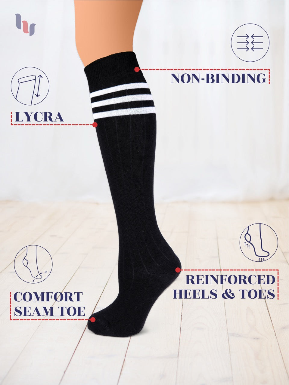 Black knee-high sock with white stripes on a light background, featuring text labels about sock features.