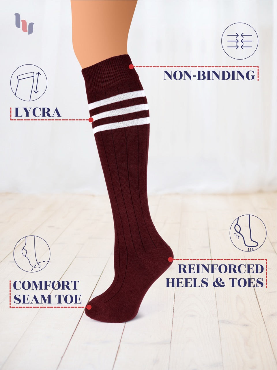 Maroon knee-high sock with white stripes on a light background, featuring text about sock features.