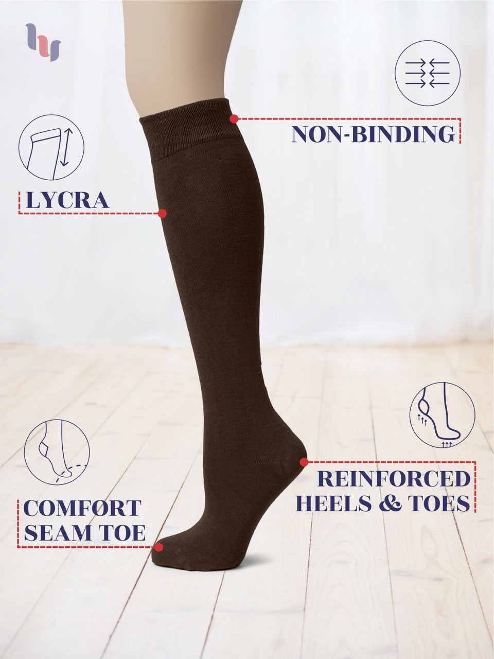 Brown knee-high sock with features highlighted on a light background