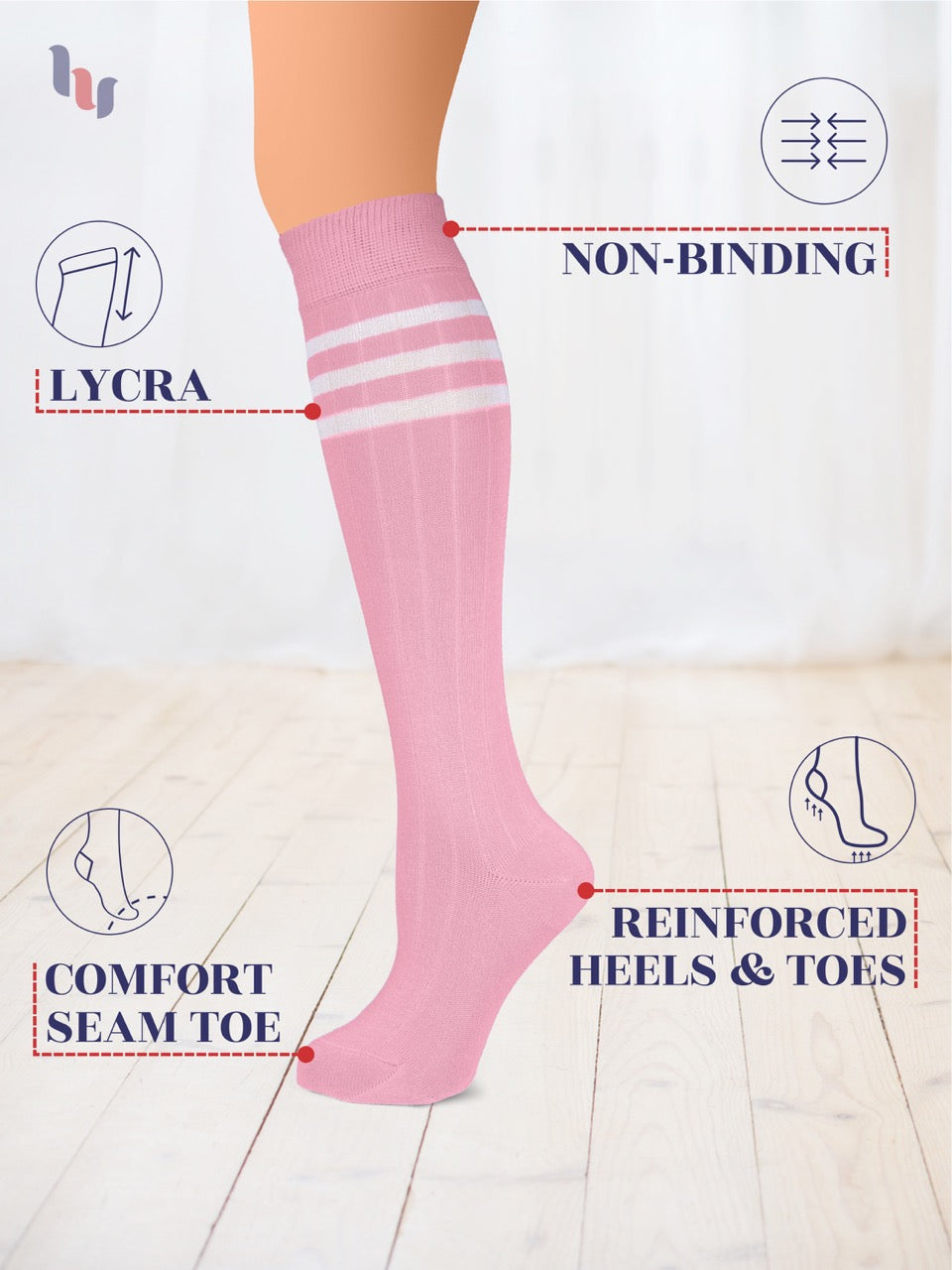 Pink knee-high sock with features highlighted on a light background