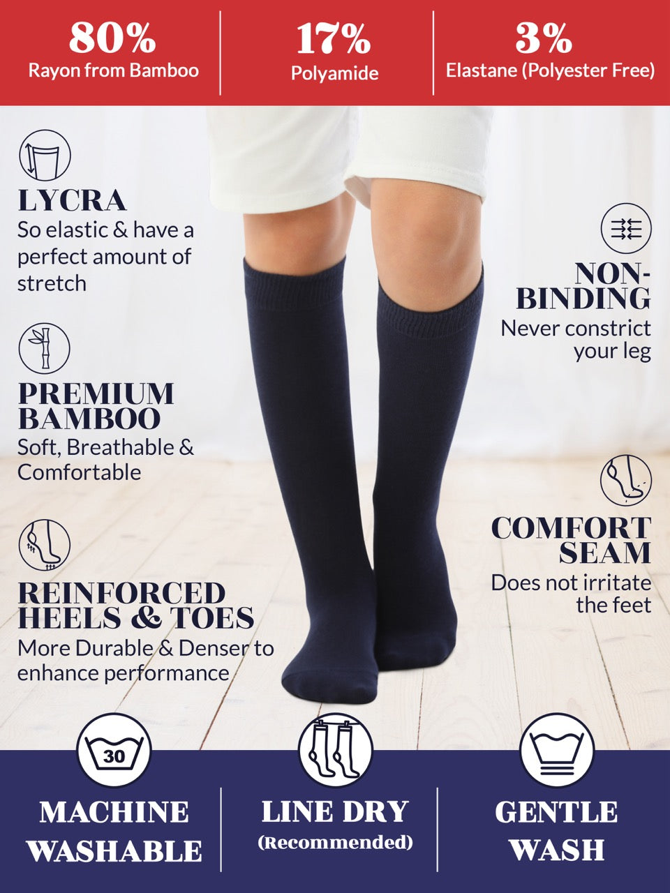 Experience the ultimate comfort and style with Hugh Ugoli Kids Bamboo School Socks. These navy blue socks perfect for school or everyday wear, our high-quality knee-high socks meet uniform standards while reducing blisters and staying in place. Available in four sizes for children aged 3-14 years