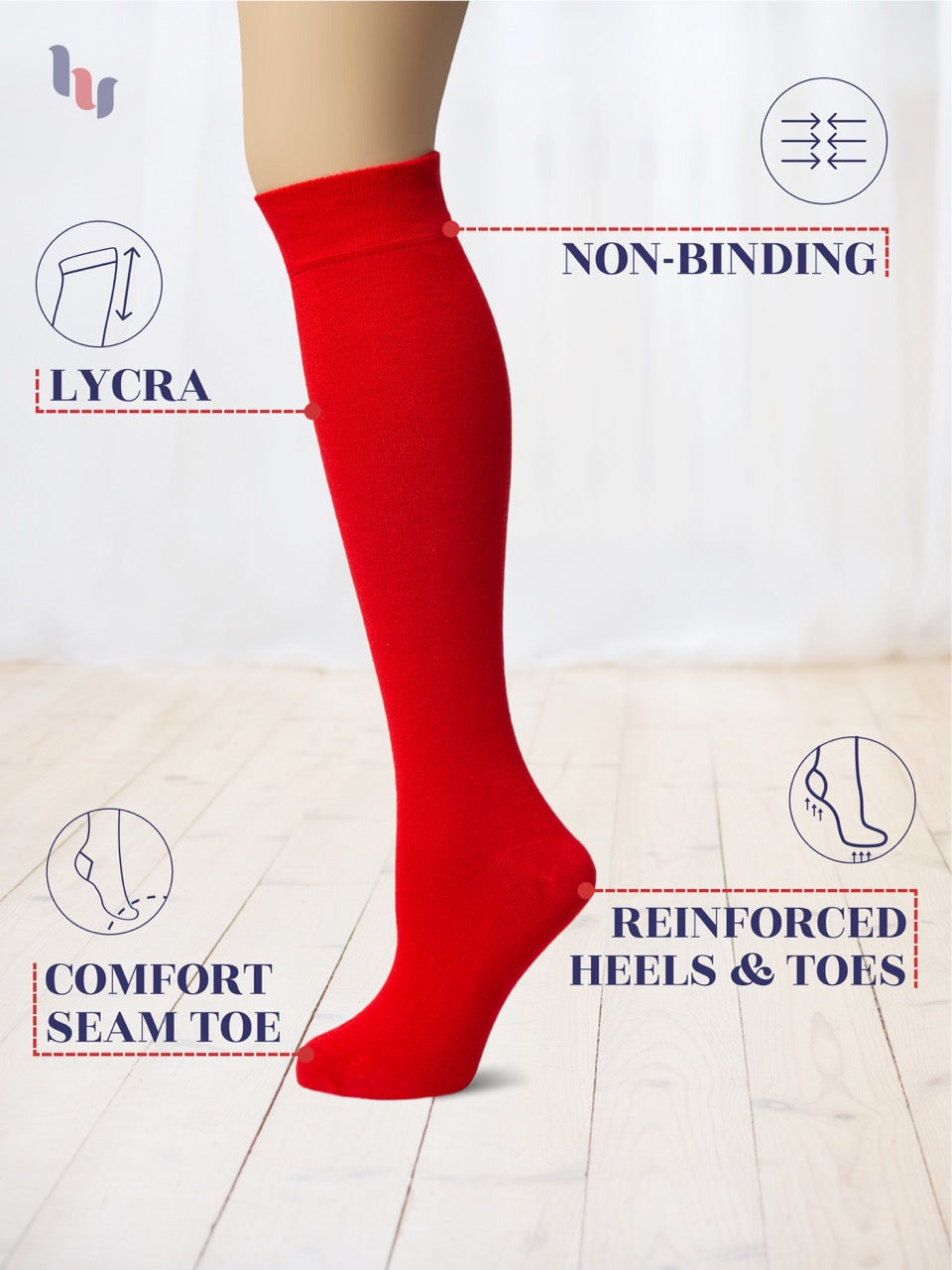 Red knee-high sock with features highlighted on a light background