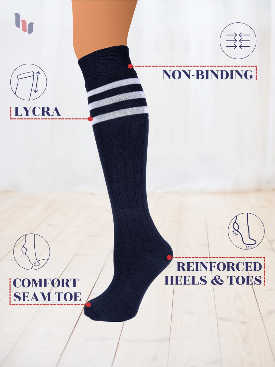 Navy knee-high sock with white stripes on a light background, featuring text labels about sock features.