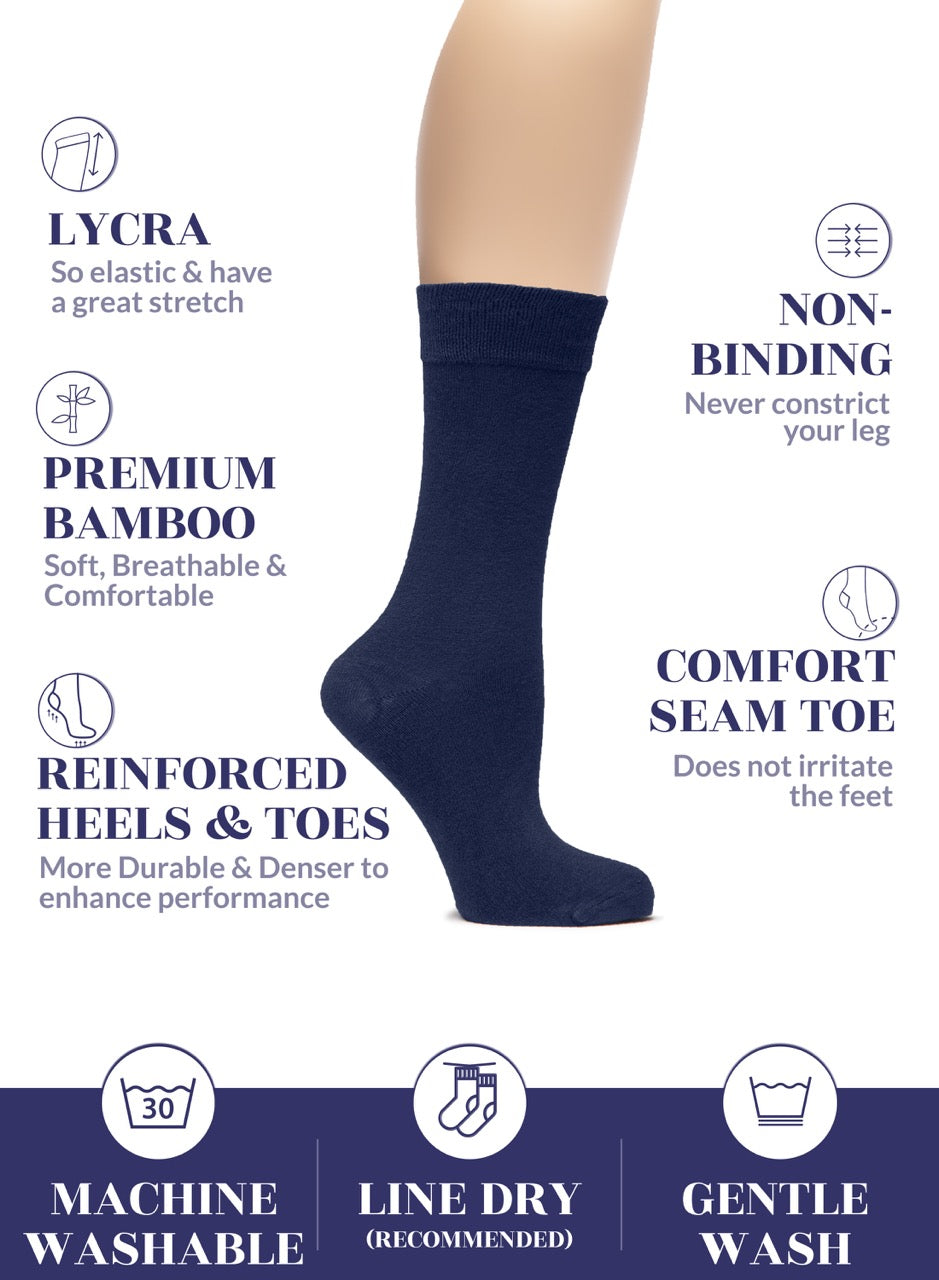 Navy blue sock with features listed on a white background