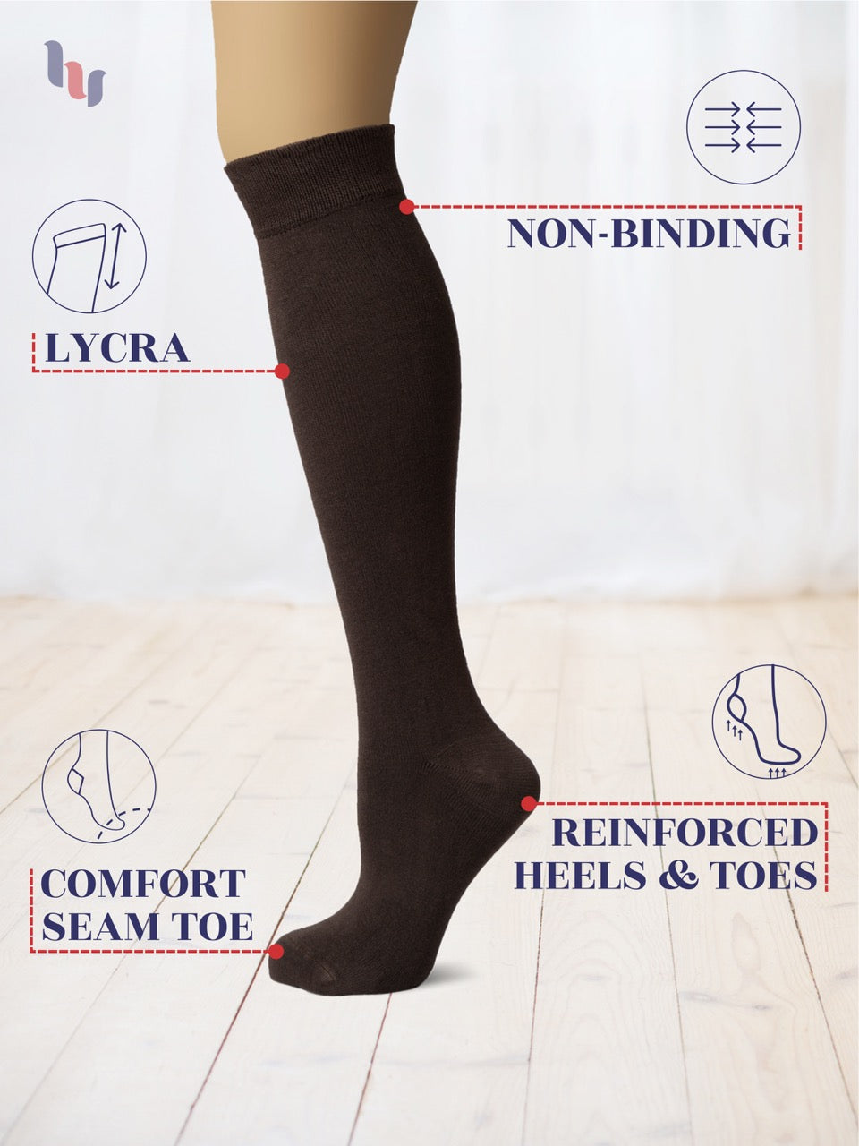Black knee-high sock with features highlighted on a light background