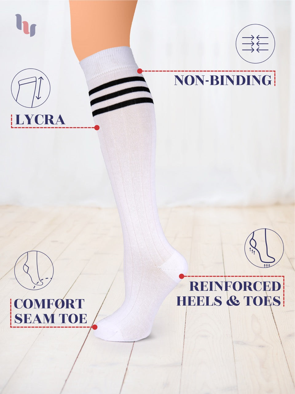White knee-high sock with black stripes on a white background, featuring text and icons about sock features.