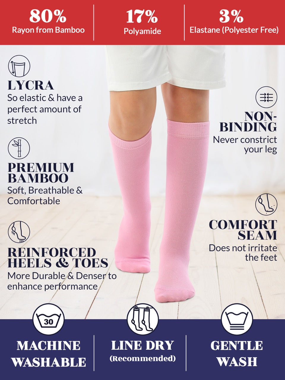 Experience the ultimate comfort and style with Hugh Ugoli Kids Bamboo School Socks. These pink socks perfect for school or everyday wear, our high-quality knee-high socks meet uniform standards while reducing blisters and staying in place. Available in four sizes for children aged 3-14 years