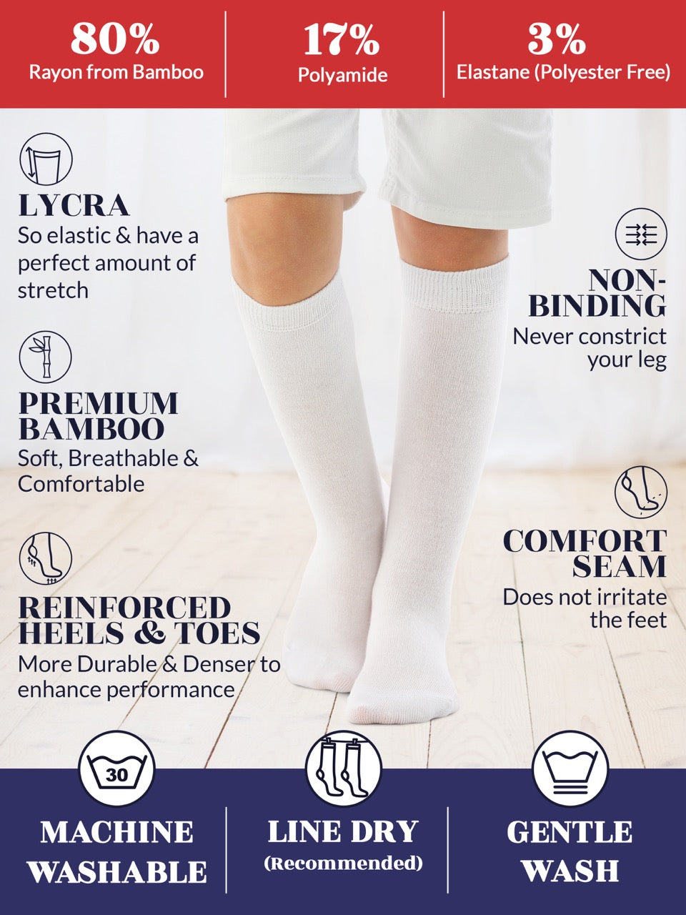 Experience the ultimate comfort and style with Hugh Ugoli Kids Bamboo School Socks. These white socks perfect for school or everyday wear, our high-quality knee-high socks meet uniform standards while reducing blisters and staying in place. Available in four sizes for children aged 3-14 years
