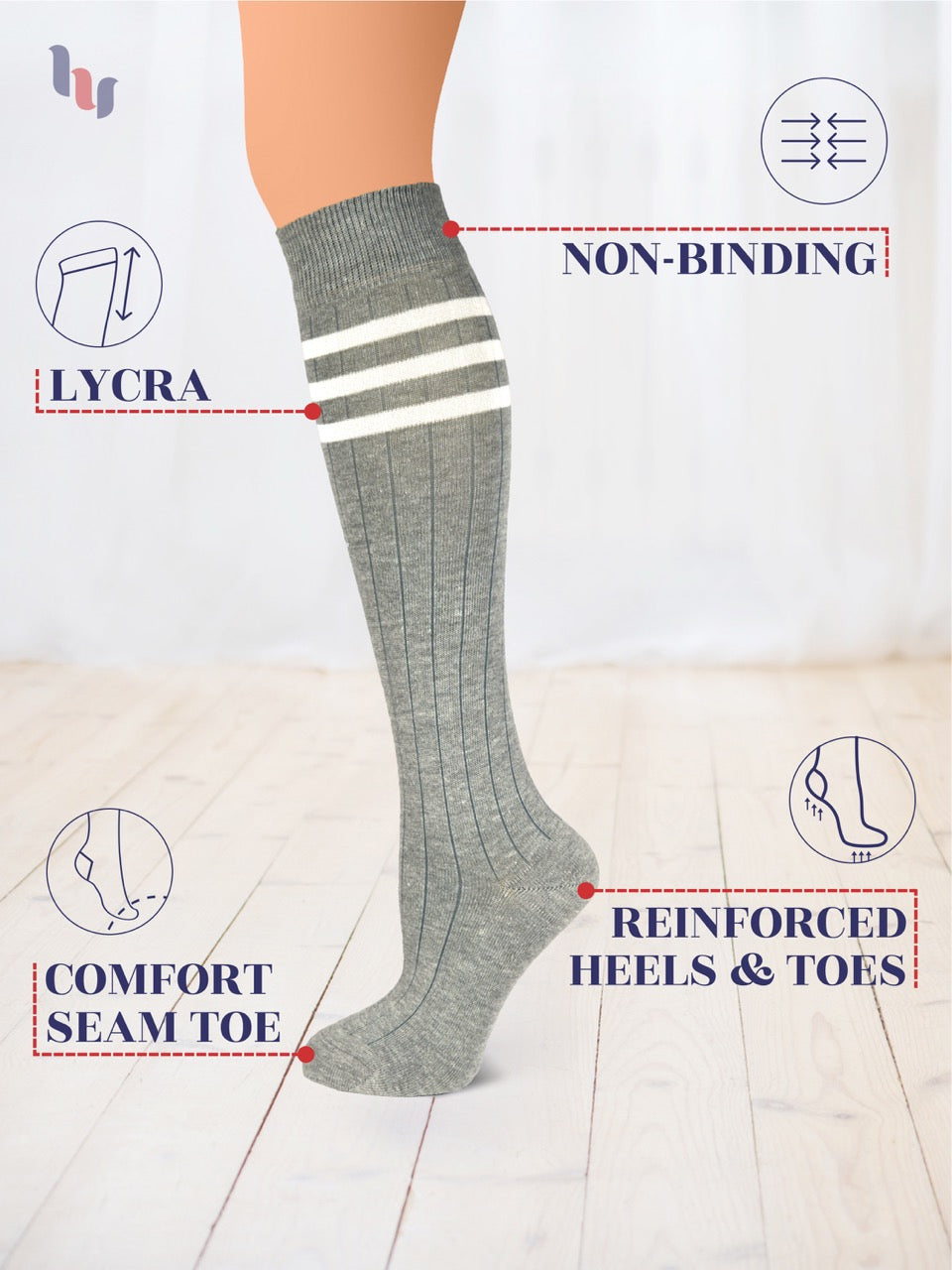 Gray knee-high sock with white stripes on a light background, featuring text labels about sock features.