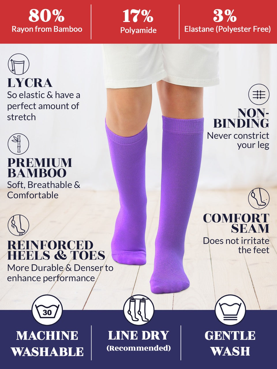 Experience the ultimate comfort and style with Hugh Ugoli Kids Bamboo School Socks. These purple socks perfect for school or everyday wear, our high-quality knee-high socks meet uniform standards while reducing blisters and staying in place. Available in four sizes for children aged 3-14 years