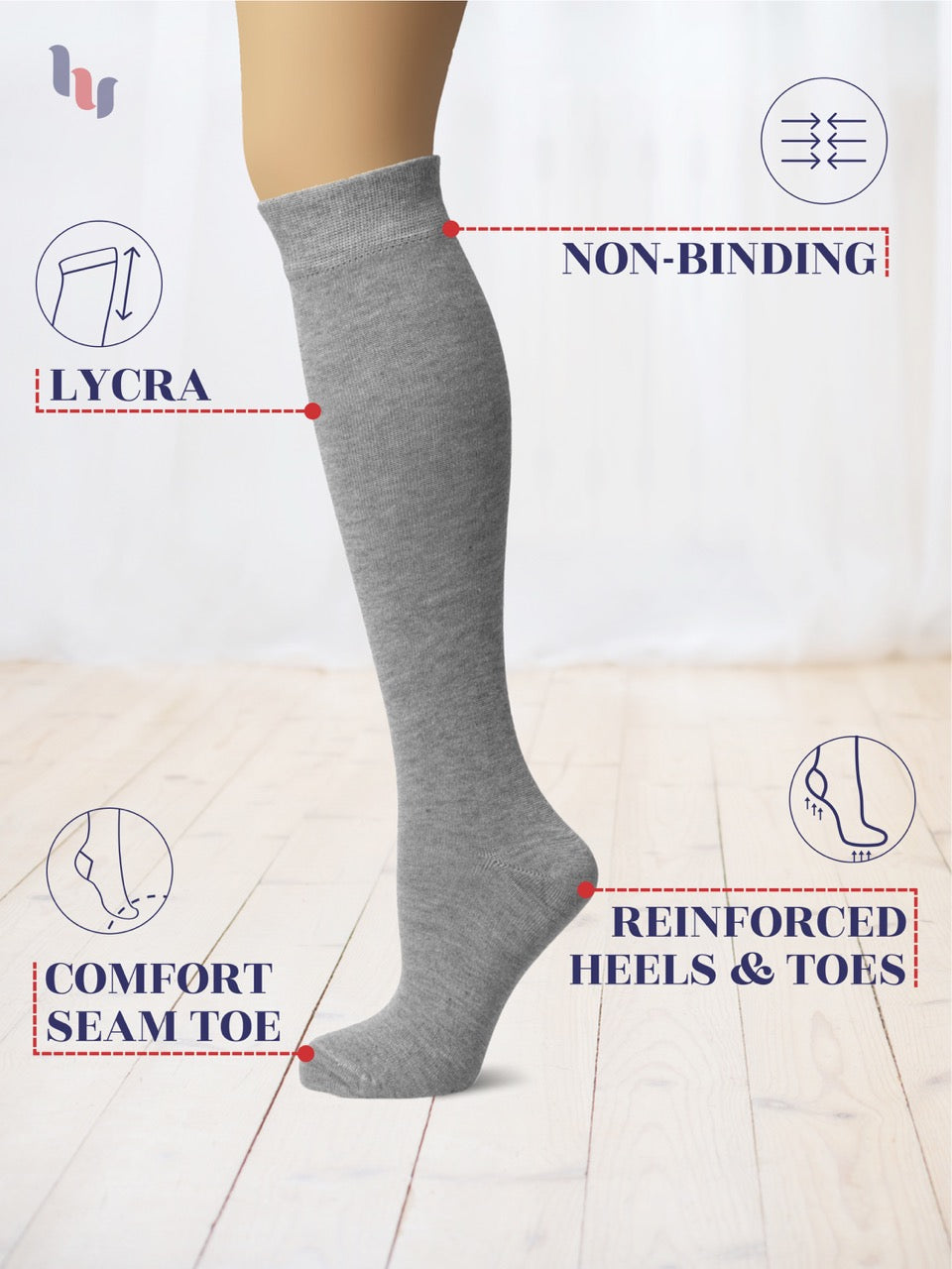 Gray knee-high sock with features highlighted on a white background