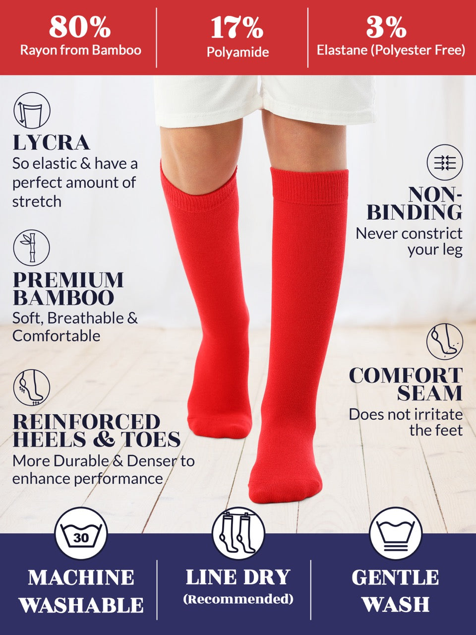 Experience the ultimate comfort and style with Hugh Ugoli Kids Bamboo School Socks. These red socks perfect for school or everyday wear, our high-quality knee-high socks meet uniform standards while reducing blisters and staying in place. Available in four sizes for children aged 3-14 years