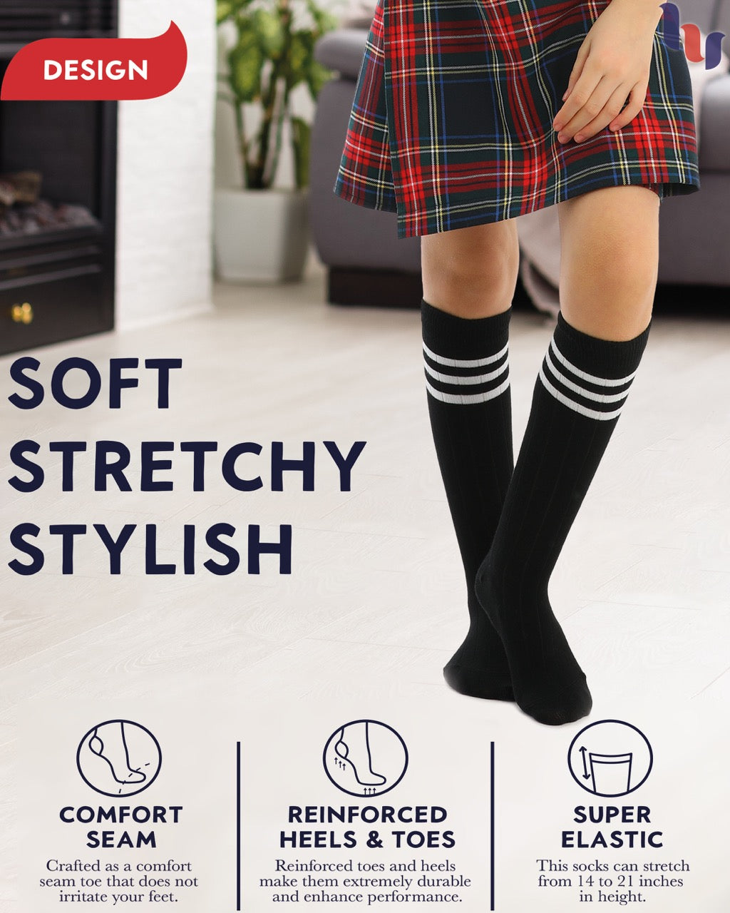 Striped Cotton Kids' Knee-High Dress Socks, 4 Pairs