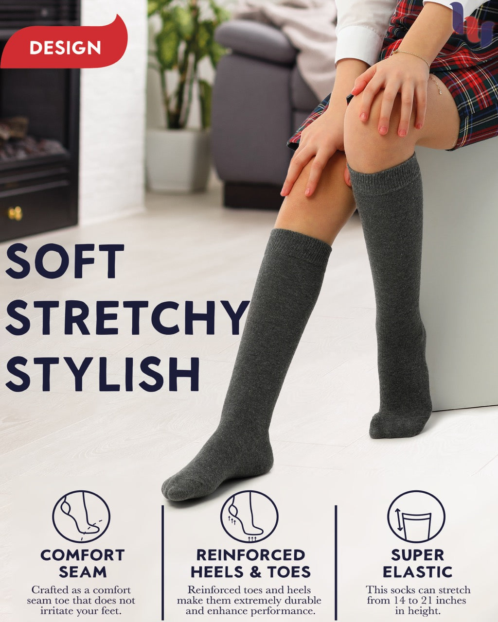 Kids' Plain Cotton Dress Knee-High Socks, 4 Pairs