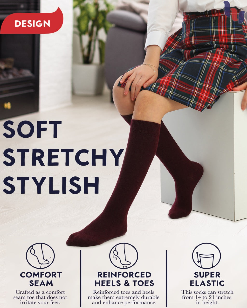 Kids' Plain Cotton Dress Knee-High Socks, 4 Pairs