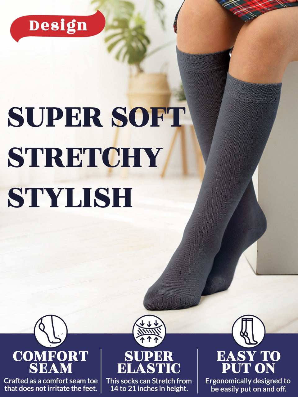 Experience the ultimate comfort and style with Hugh Ugoli Kids Bamboo School Socks. These melange grey socks perfect for school or everyday wear, our high-quality knee-high socks meet uniform standards while reducing blisters and staying in place. Available in four sizes for children aged 3-14 years