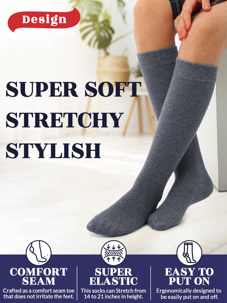Experience the ultimate comfort and style with Hugh Ugoli Kids Bamboo School Socks. These grey socks perfect for school or everyday wear, our high-quality knee-high socks meet uniform standards while reducing blisters and staying in place. Available in four sizes for children aged 3-14 years