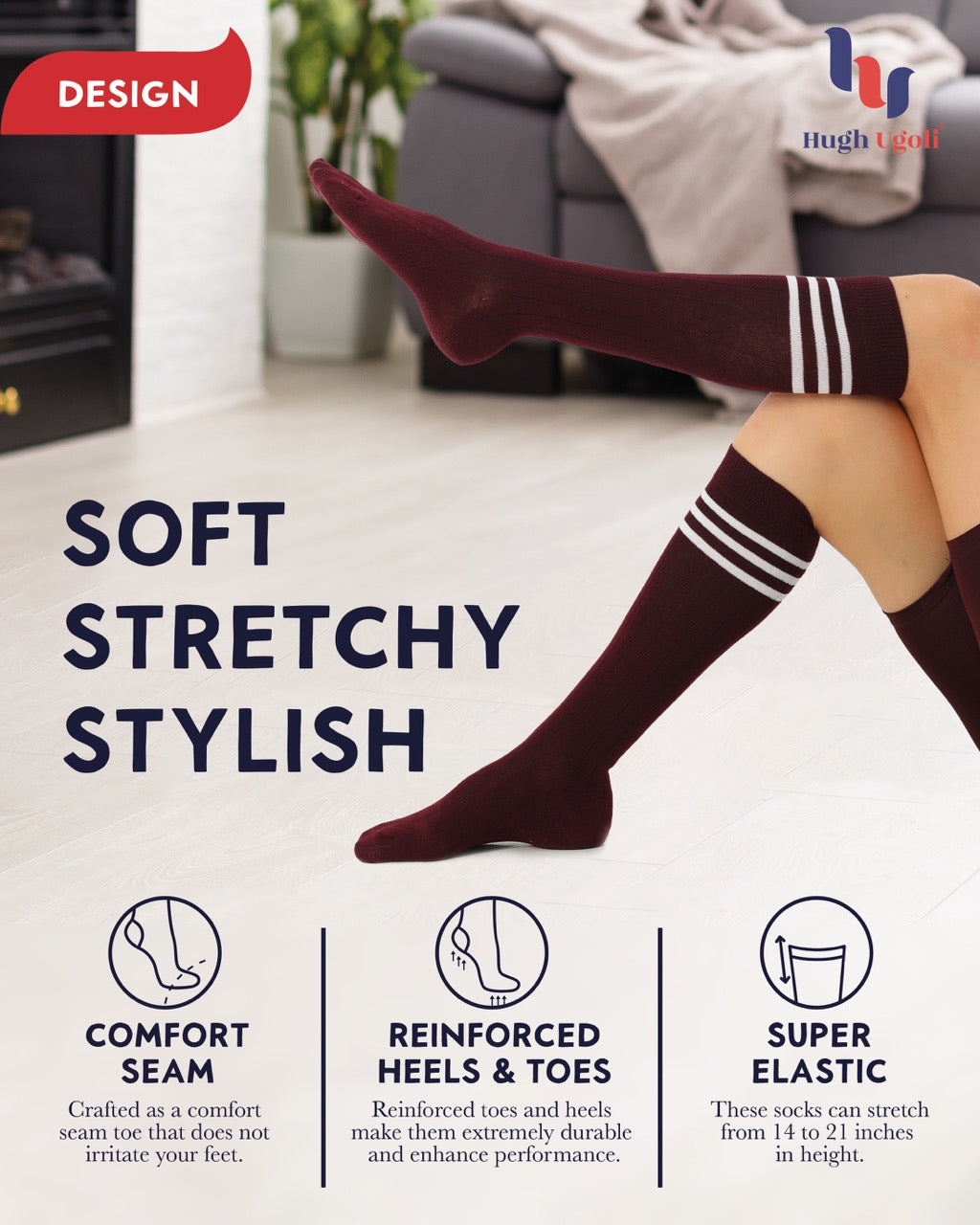 Women's Striped Cotton Dress Knee-High Socks, 4 Pairs