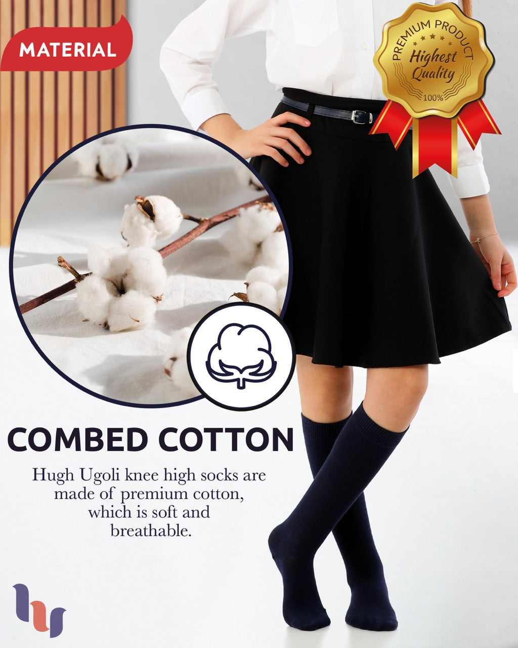 Kids' Plain Cotton Dress Knee-High Socks, 4 Pairs