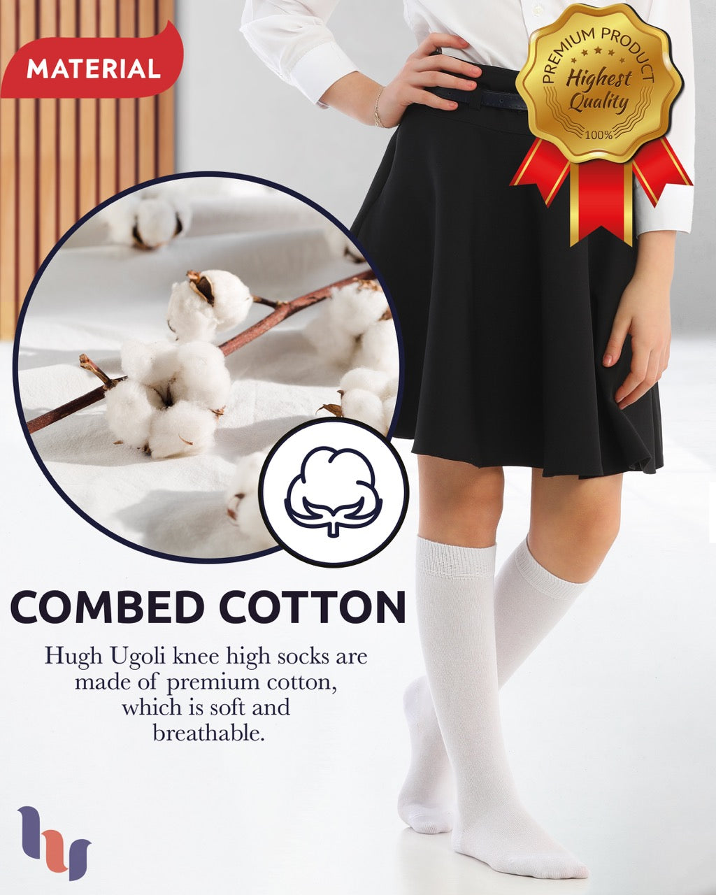 Kids' Plain Cotton Dress Knee-High Socks, 4 Pairs