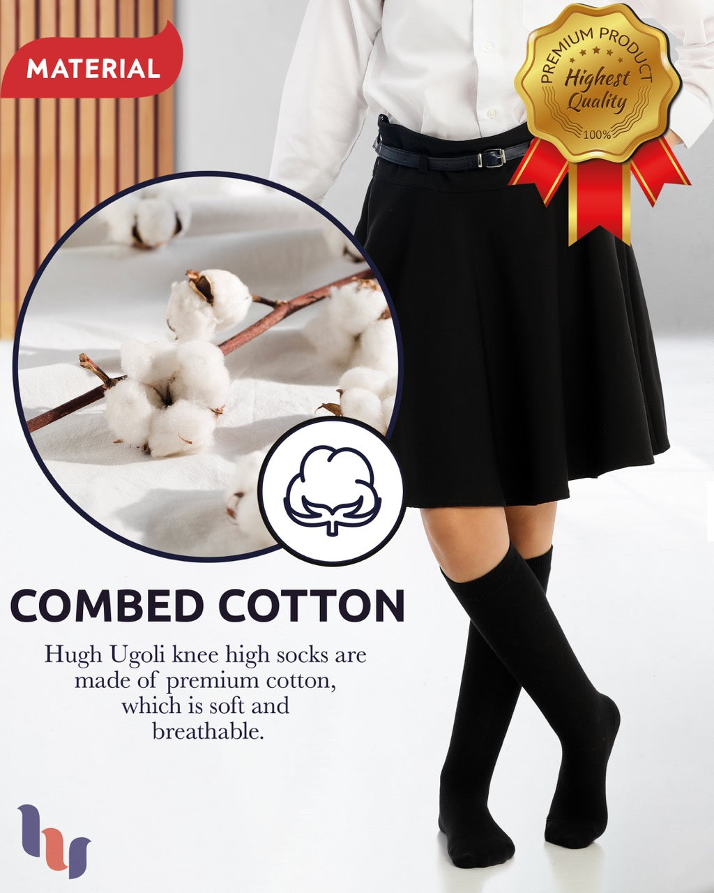 Kids' Plain Cotton Dress Knee-High Socks, 4 Pairs