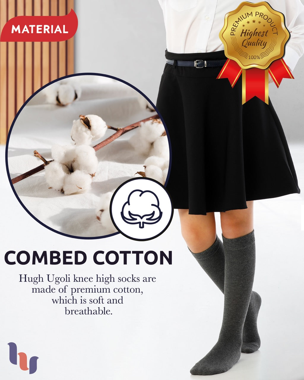 Kids' Plain Cotton Dress Knee-High Socks, 4 Pairs