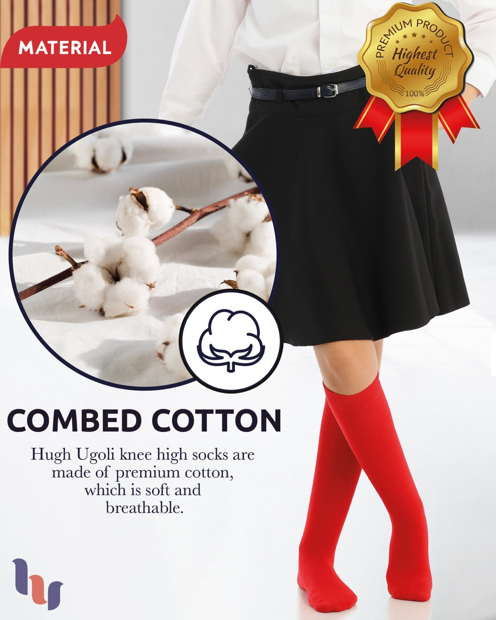 Kids' Plain Cotton Dress Knee-High Socks, 4 Pairs