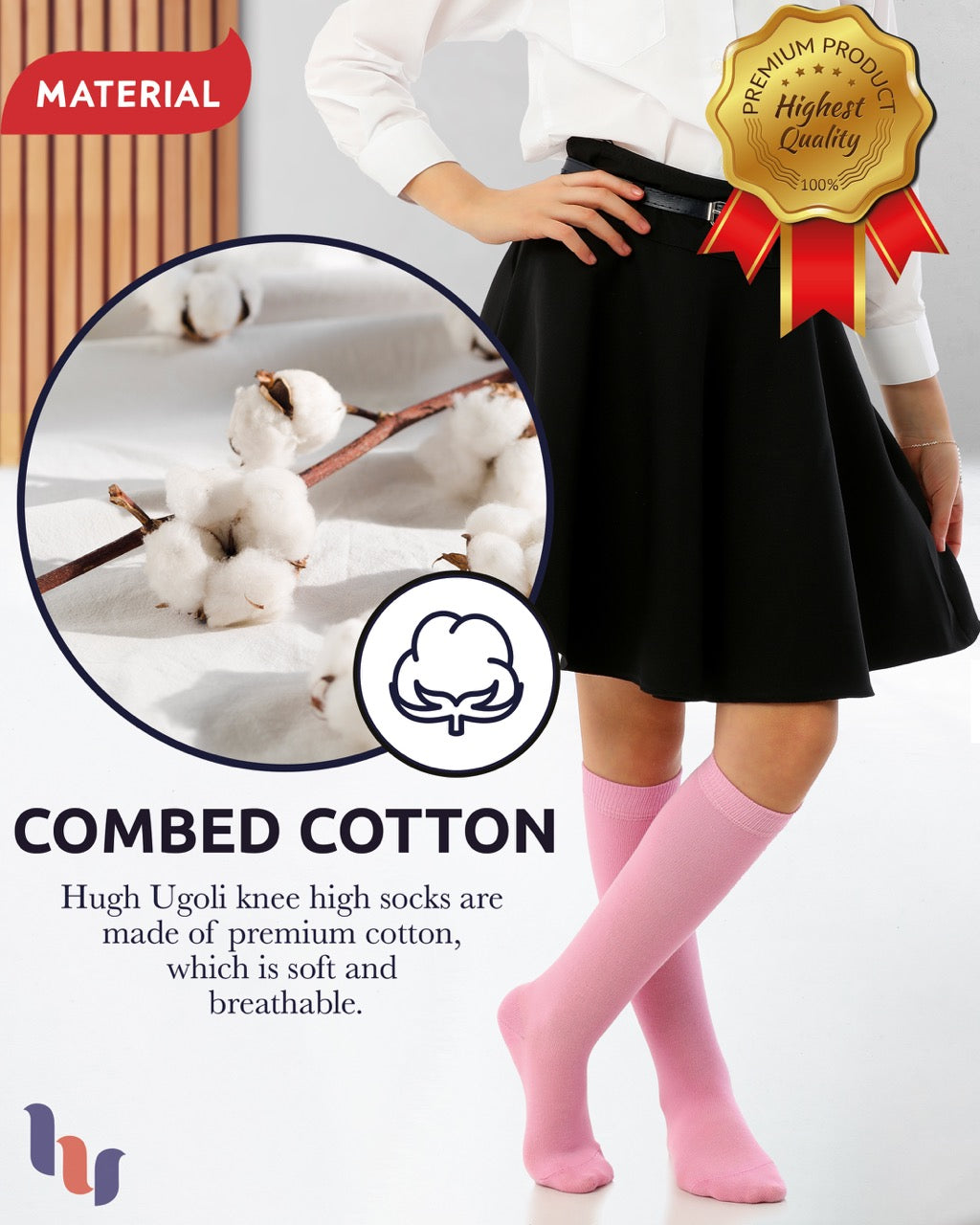 Kids' Plain Cotton Dress Knee-High Socks, 4 Pairs