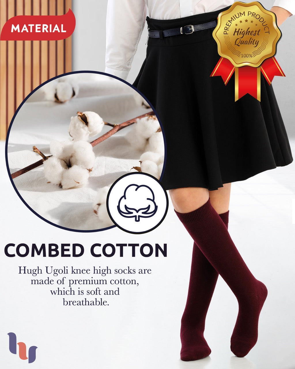 Kids' Plain Cotton Dress Knee-High Socks, 4 Pairs