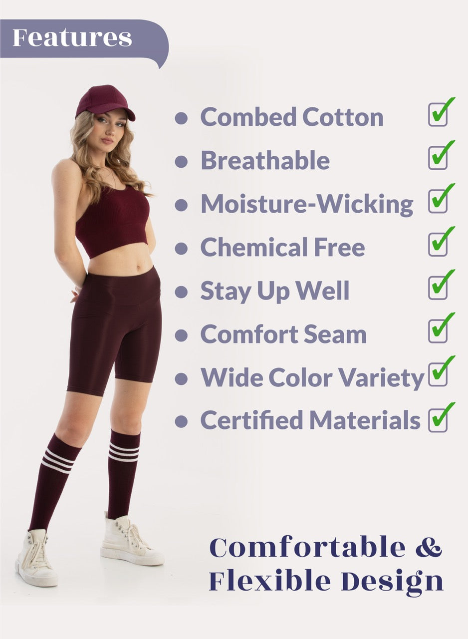 Woman wearing maroon athletic outfit with feature list on a white background