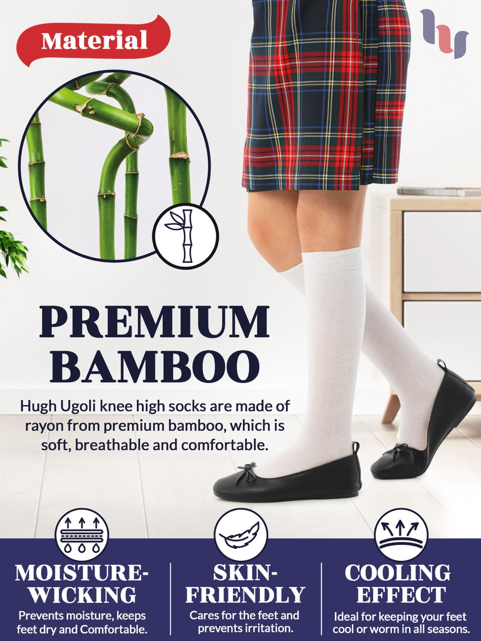Experience the ultimate comfort and style with Hugh Ugoli Kids Bamboo School Socks. These white socks perfect for school or everyday wear, our high-quality knee-high socks meet uniform standards while reducing blisters and staying in place. Available in four sizes for children aged 3-14 years
