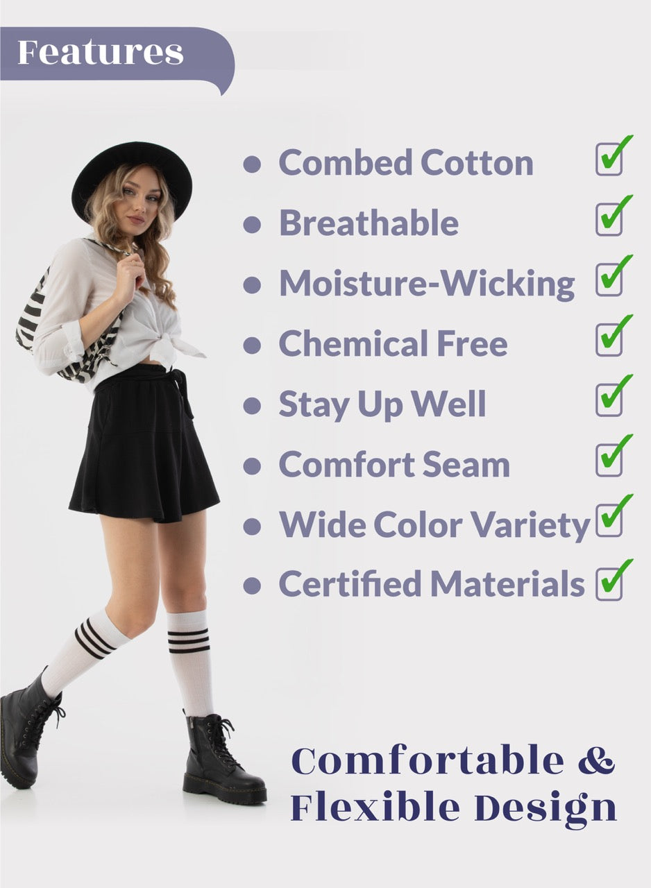 Person wearing a outfit with text highlighting features on a white background