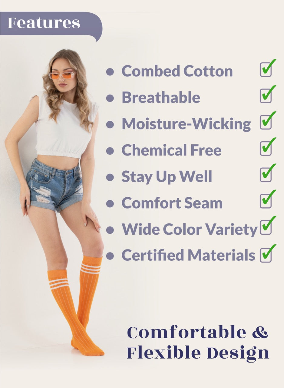Woman wearing orange knee-high socks with text listing product features on a white background