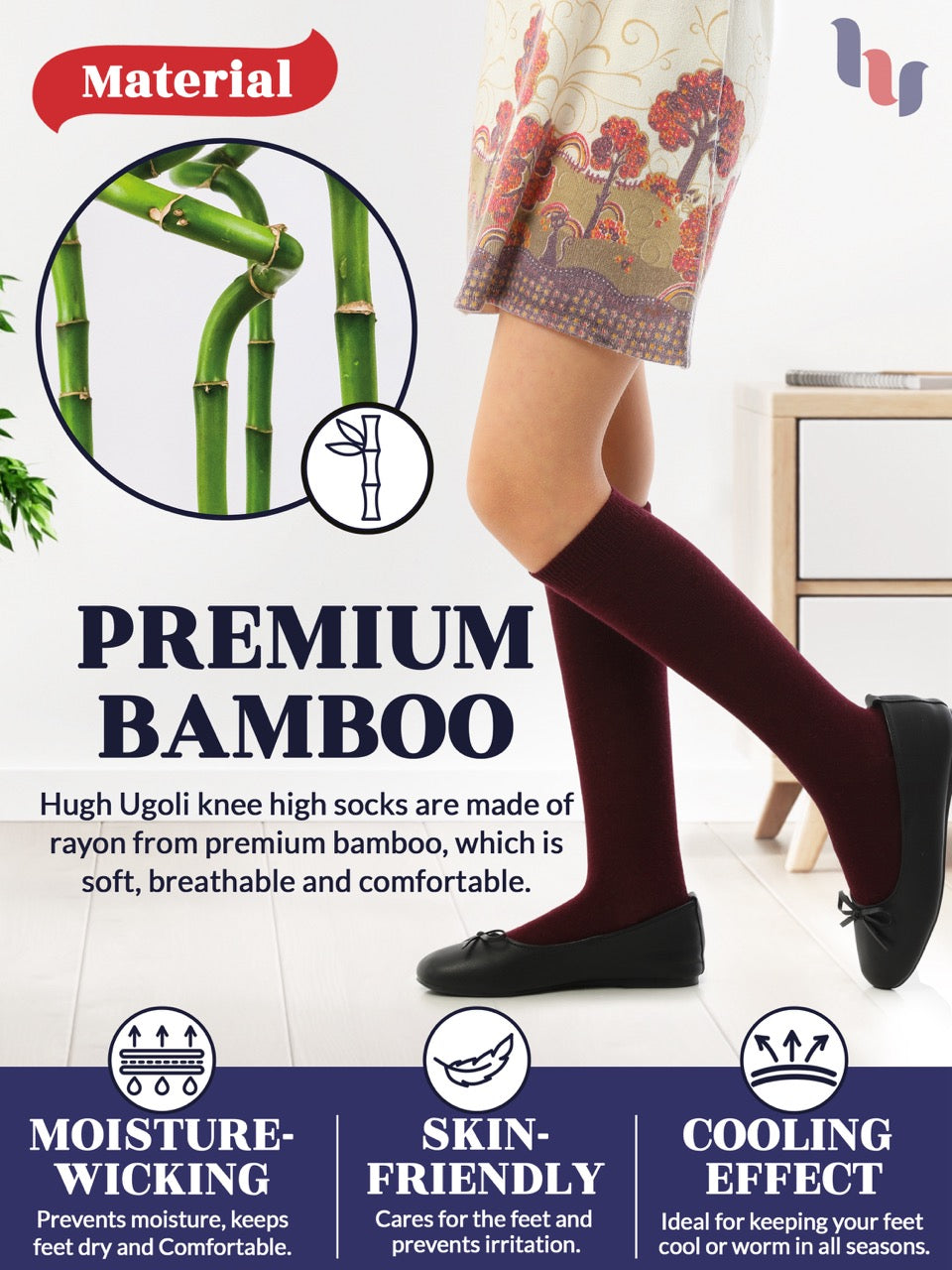 Experience the ultimate comfort and style with Hugh Ugoli Kids Bamboo School Socks. These burgundy socks perfect for school or everyday wear, our high-quality knee-high socks meet uniform standards while reducing blisters and staying in place. Available in four sizes for children aged 3-14 years