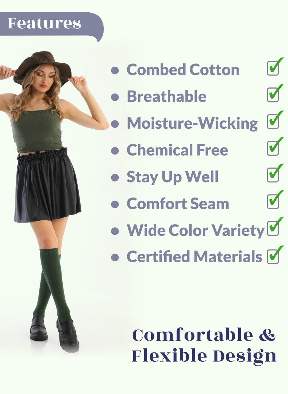 Woman wearing green socks with text listing product features on a white background