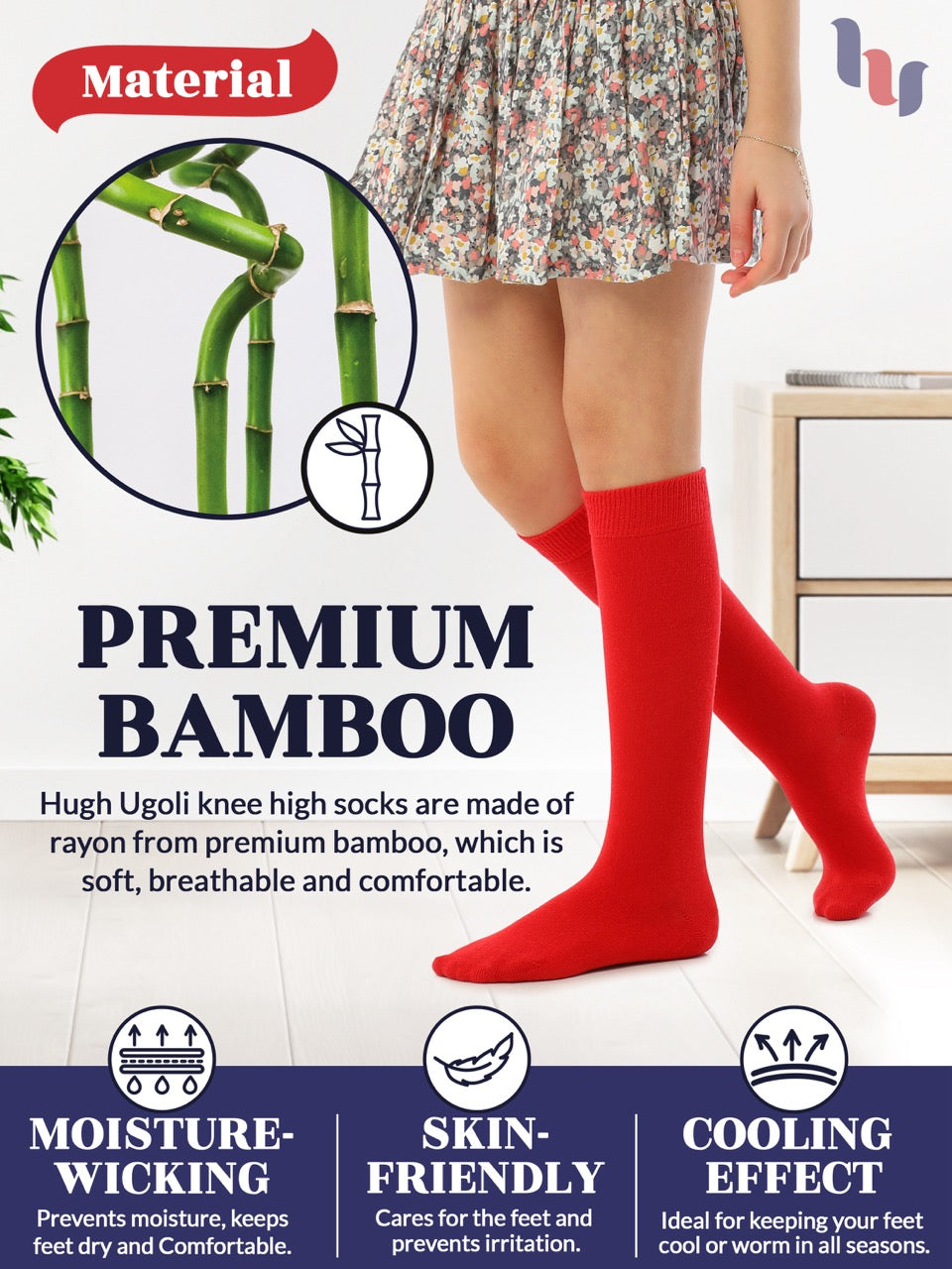 Experience the ultimate comfort and style with Hugh Ugoli Kids Bamboo School Socks. These red socks perfect for school or everyday wear, our high-quality knee-high socks meet uniform standards while reducing blisters and staying in place. Available in four sizes for children aged 3-14 years