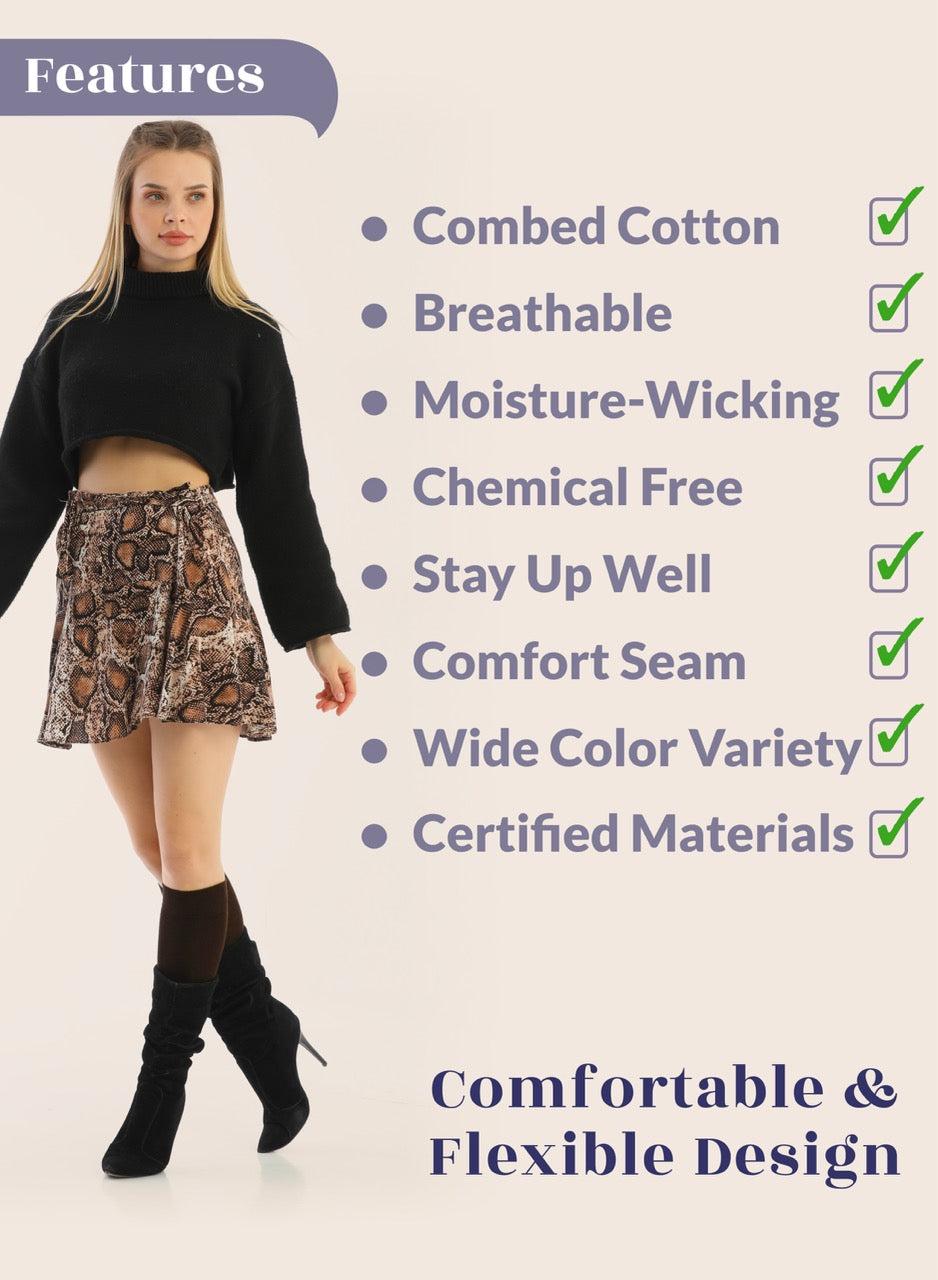 Person wearing a black top and patterned skirt with text listing product features on a light background