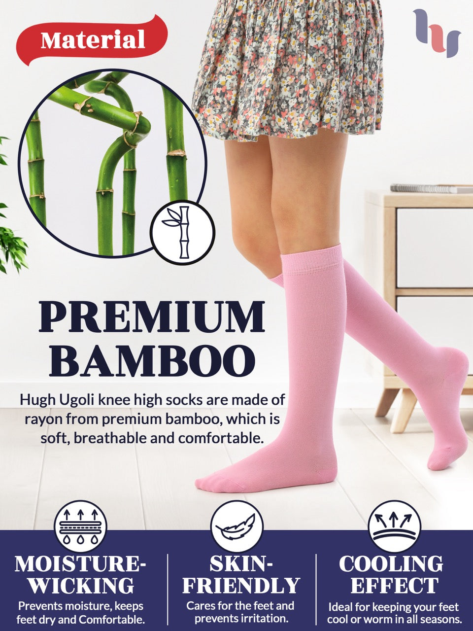 Experience the ultimate comfort and style with Hugh Ugoli Kids Bamboo School Socks. These pink socks perfect for school or everyday wear, our high-quality knee-high socks meet uniform standards while reducing blisters and staying in place. Available in four sizes for children aged 3-14 years