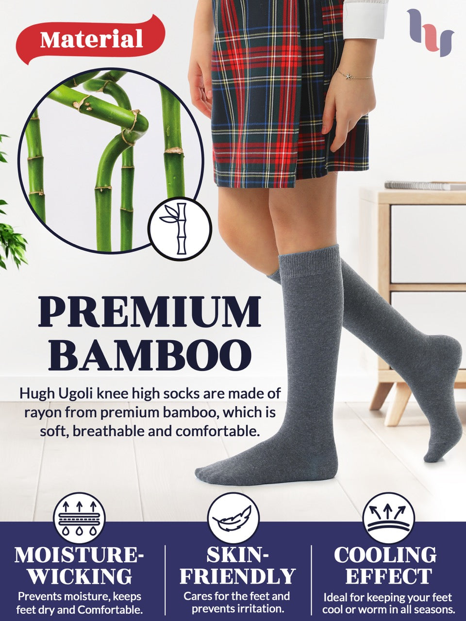Experience the ultimate comfort and style with Hugh Ugoli Kids Bamboo School Socks. These grey socks perfect for school or everyday wear, our high-quality knee-high socks meet uniform standards while reducing blisters and staying in place. Available in four sizes for children aged 3-14 years
