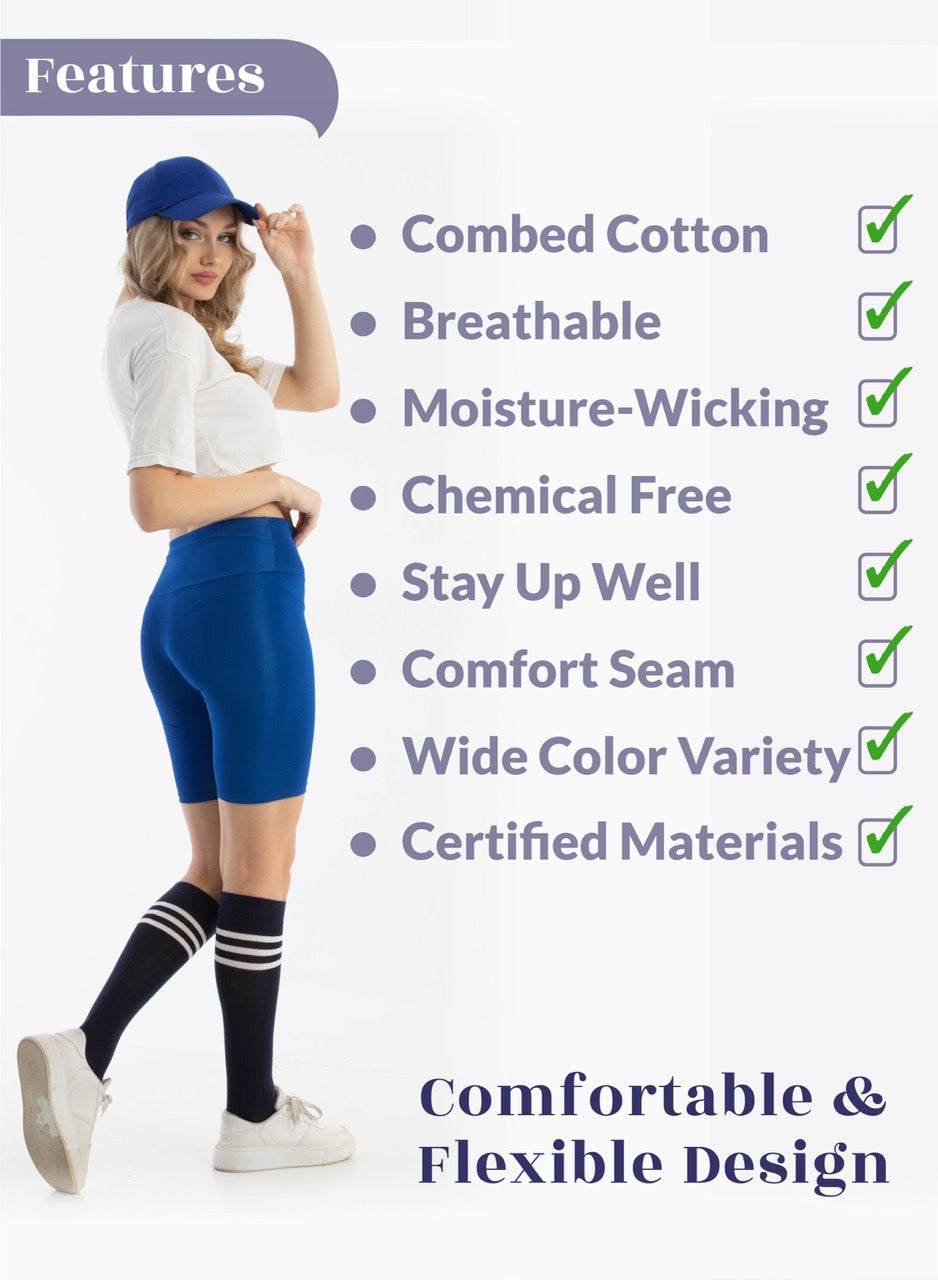 Woman wearing a blue cap, white shirt, and blue shorts with text listing product features on a white background.