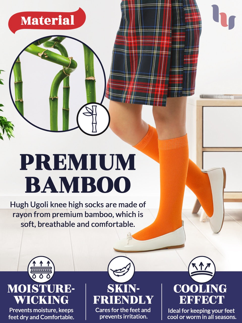 Experience the ultimate comfort and style with Hugh Ugoli Kids Bamboo School Socks. These pumpkin orange socks perfect for school or everyday wear, our high-quality knee-high socks meet uniform standards while reducing blisters and staying in place. Available in four sizes for children aged 3-14 years