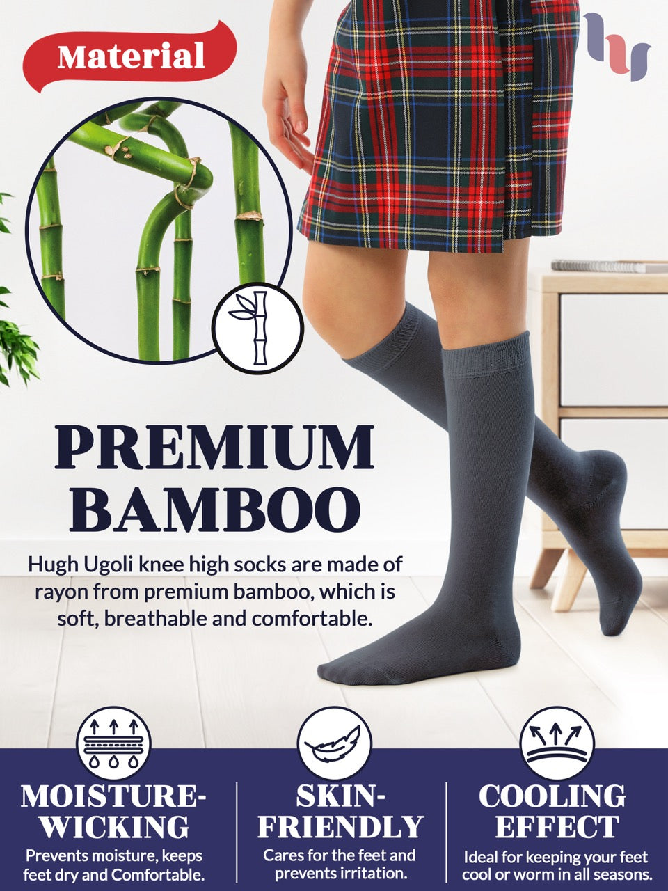 Experience the ultimate comfort and style with Hugh Ugoli Kids Bamboo School Socks. These melange grey socks perfect for school or everyday wear, our high-quality knee-high socks meet uniform standards while reducing blisters and staying in place. Available in four sizes for children aged 3-14 years