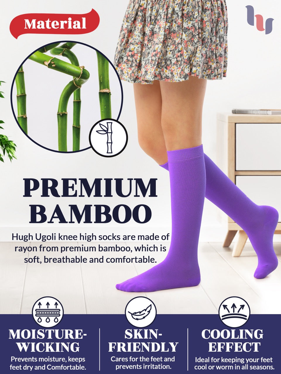 Experience the ultimate comfort and style with Hugh Ugoli Kids Bamboo School Socks. These purple socks perfect for school or everyday wear, our high-quality knee-high socks meet uniform standards while reducing blisters and staying in place. Available in four sizes for children aged 3-14 years