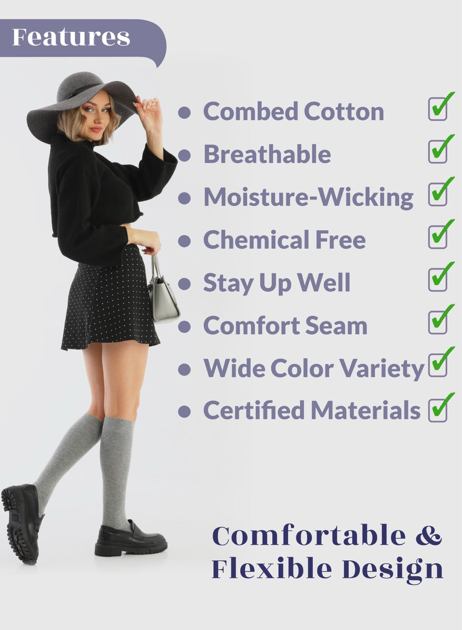 Person wearing a black outfit with text listing product features on a white background